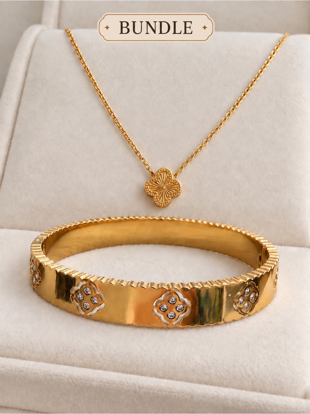 Bundle - Non-Tarnish 18K Gold Plated Clover Necklace & Bangle Set